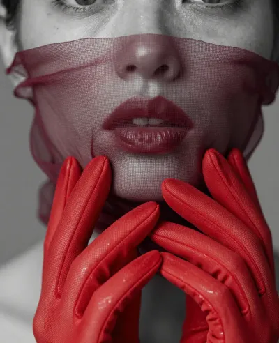 Burgundy Veil and Red Gloves Close-Up - Fashion - AI generated image
