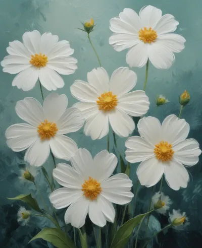 White Cosmos Flowers Softly Lit with Teal Background - Flowers - AI generated image