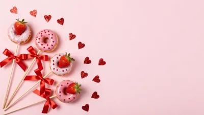 Strawberry-Topped Donuts on Sticks Flat Lay - Food - AI generated image