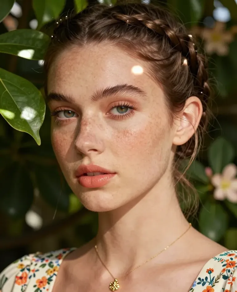 Freckled Portrait with Braided Hair in Golden Sunlight - Portrait - AI generated image