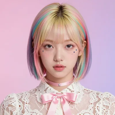 Pastel Rainbow-Haired Model in Lace Top - Fashion - AI generated image