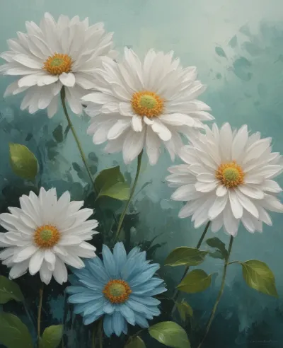 White and Blue Daisies with Soft Petals and Teal Background - Flowers - AI generated image