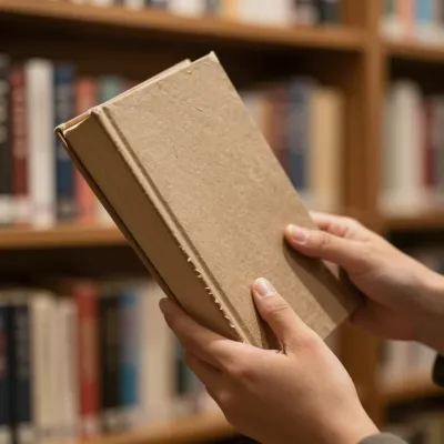 Hands Holding Rough Book in Warm Library - People - AI generated image