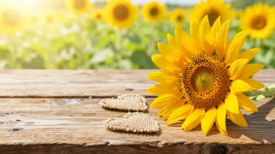 Sunflowers Bouquet with Burlap Hearts on Wooden Table - Flowers - AI generated image