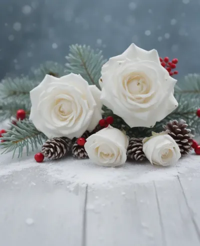 White Roses with Pine Cones and Berries in Winter - Flowers - AI generated image