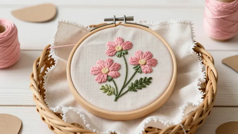 Embroidered Hoop Art with Pink Flowers - Crafts - AI generated image