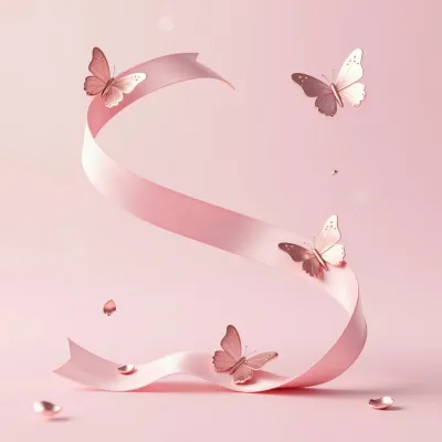 Pink Ribbon with Butterflies Drifting in Soft Light - Fashion - AI generated image