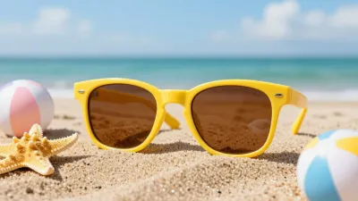 Yellow Sunglasses Resting on Sandy Shoreline - Beach - AI generated image
