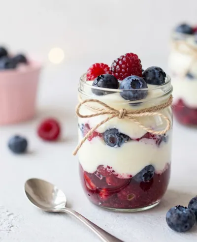 Berry Parfait in Glass Jar with Twine - Food - AI generated image