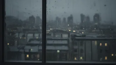 Raindrops on Window Pane Reflecting Cityscape - Architecture - AI generated image