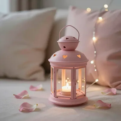 Pink Lantern with Heart Cutouts Glowing - Decor - AI generated image