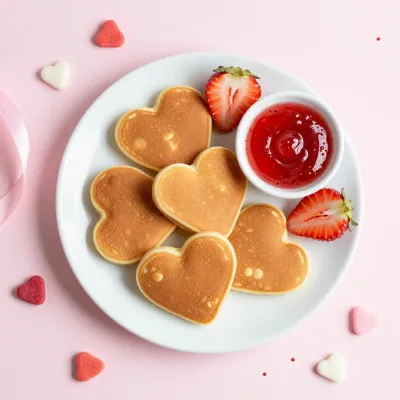 Heart-Shaped Pancakes with Strawberries and Red Sauce - Food - AI generated image