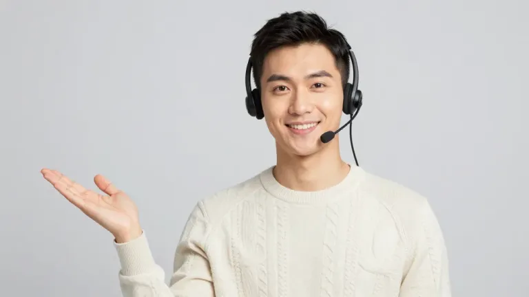 Young Man in Headset Gesturing with Hands - People - AI generated image