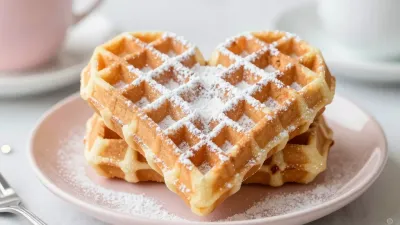 Heart-Shaped Waffles Stacked on Pink Plate - Food - AI generated image