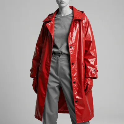 Glossy Crimson Raincoat in Soft Studio Lighting - Fashion - AI generated image