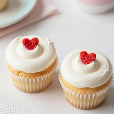 Vanilla Cupcakes with White Frosting and Red Hearts - Food - AI generated image