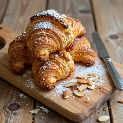 Croissants Stacked with Powdered Sugar and Almonds - Bakery - AI generated image