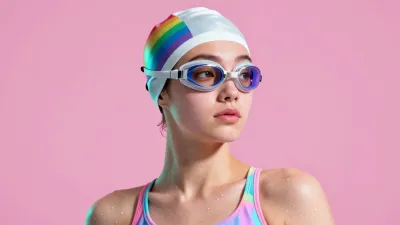 Rainbow Stripe Swimmer in Pink Background - Swimming - AI generated image