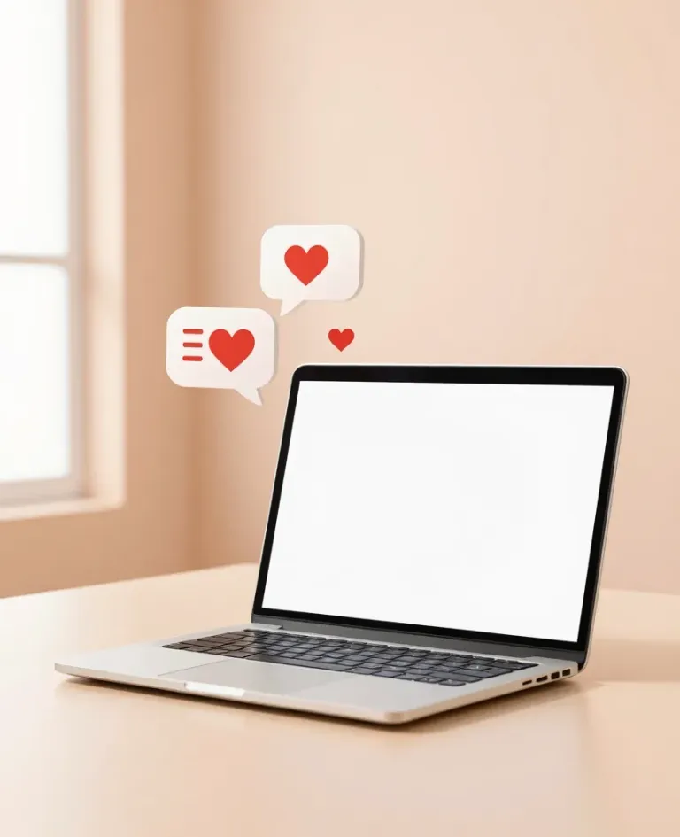 Glossy Silver Laptop with Floating Heart Speech Bubbles - Technology - AI generated image