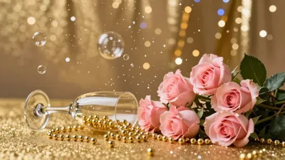 Pink Roses and Champagne Toasting - Flowers - AI generated image