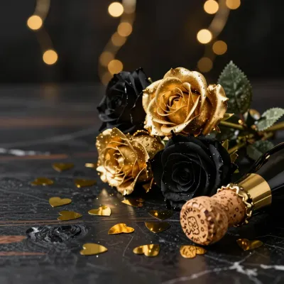 Golden Roses and Black Petals Celebration - Flowers - AI generated image