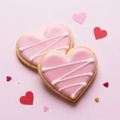 Heart-Shaped Cookies with Pink Glaze and White Drizzle - Food - AI generated image