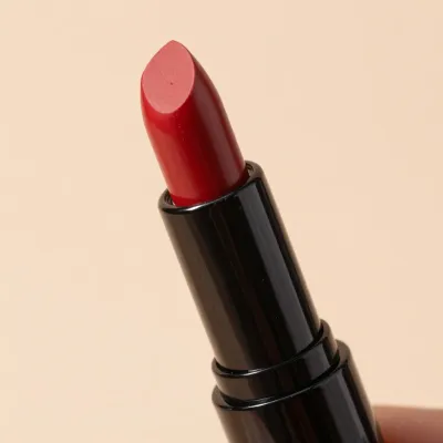 Deep Red Lipstick Smear on Glossy Stick - Beauty - AI generated image
