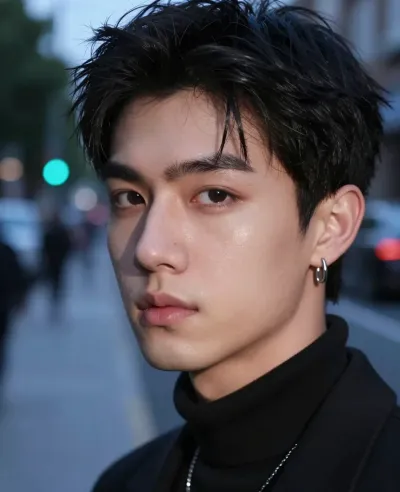 Young Man with Tousled Hair in Urban Street at Dusk - Portrait - AI generated image