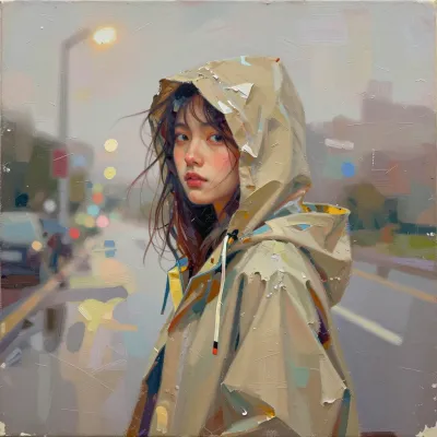 Woman in Hooded Raincoat Glancing at City Street - People - AI generated image