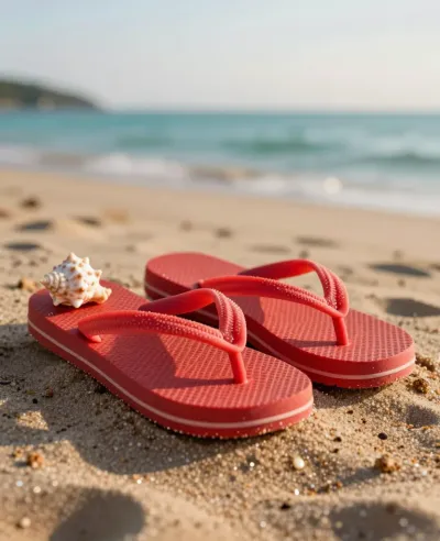 Red Flip-Flops and Seashell on Sandy Beach - Beach - AI generated image