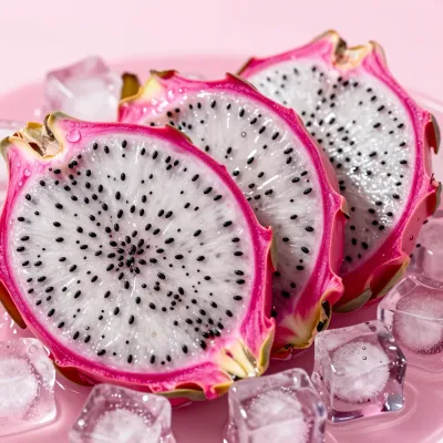Dragonfruit Slices with Ice Cubes on Pink Background - Food - AI generated image