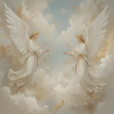 Two Angels in White Robes Interacting in Heavenly Light - Religion - AI generated image