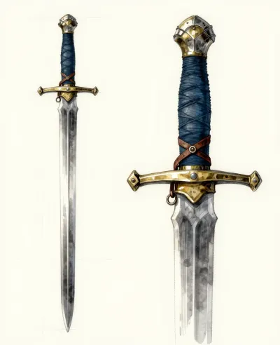 Blue Leather-Strapped Longsword with Brass Details - Weapon - AI generated image