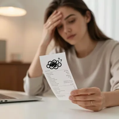 Woman Holding Receipt with Hand on Forehead - Portrait - AI generated image