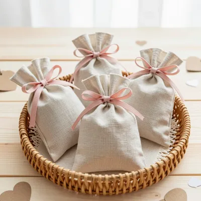 Linen Sachets with Pink Ribbons in Woven Basket - Decor - AI generated image