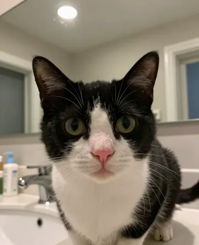 Black and White Tuxedo Cat Surprise in Bathroom - Animal - AI generated image