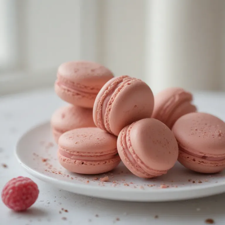 Pink Macarons Stacked on White Plate - Food - AI generated image