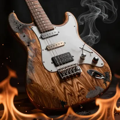 Charred Electric Guitar in Flames - Music - AI generated image