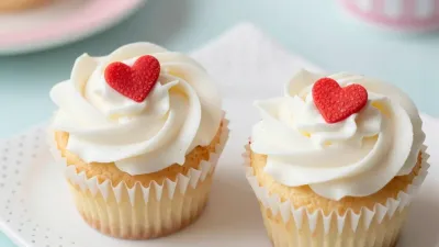 Vanilla Cupcakes with White Frosting and Red Hearts - Food - AI generated image