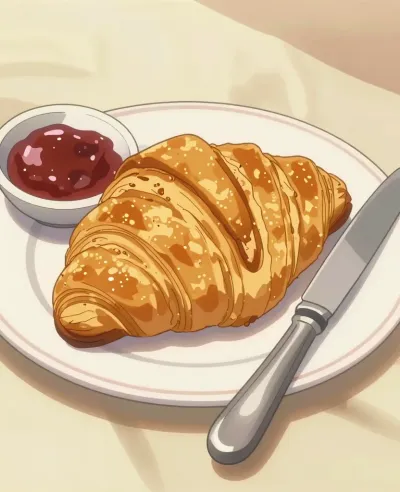 Croissant with Jam and Knife - Food - AI generated image