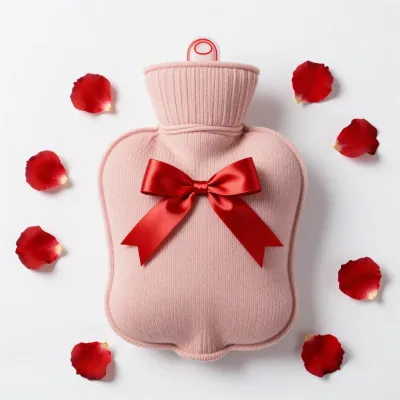 Pink Knit Sweater-Wrapped Heart-Shaped Hot Water Bottle with Red Ribbon - Fashion - AI generated image