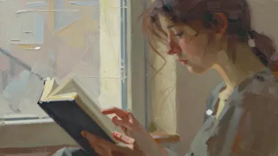 Young Woman Reading Book by Window - Portrait - AI generated image
