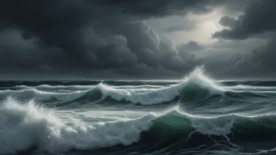 Frothy Waves Crashing Under Turbulent Sky - Seascape - AI generated image