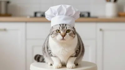 Gray Tabby Cat Wearing Chef's Hat in Kitchen - Animal - AI generated image