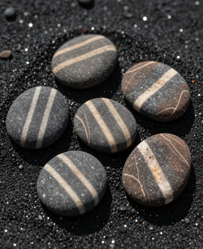 Smooth Pebbles with Stripes on Black Sand - Natural - AI generated image