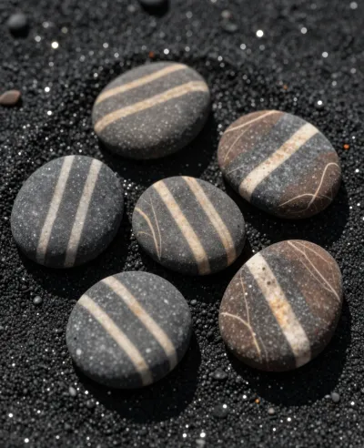 Smooth Pebbles with Stripes on Black Sand - Natural - AI generated image