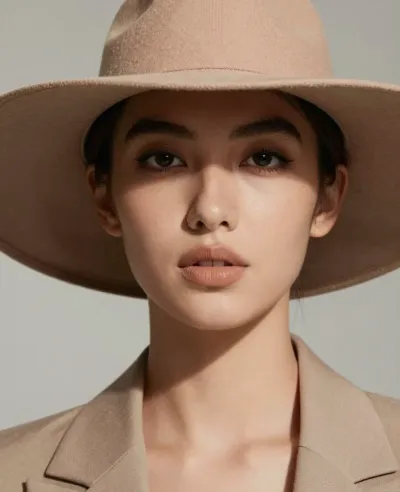 Person in Wide-Brimmed Hat and Beige Suit - Fashion - AI generated image