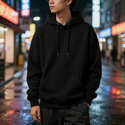 Person in Black Hoodie on Wet Neon Street - Fashion - AI generated image