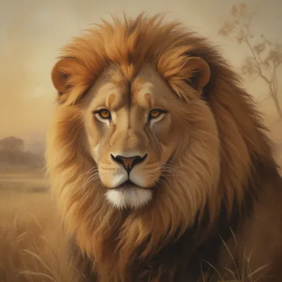 Golden Lion Gazing Directly at Viewer - Wildlife - AI generated image