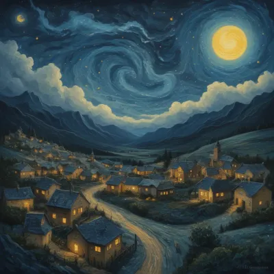 Village Houses Lit by Moonlight and Lanterns - Architecture - AI generated image